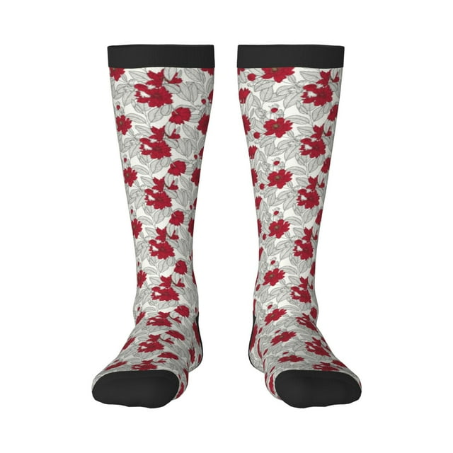 Gaeub Chaussettes Design Imprimé Feuilles et Anémone Rouge Gris Chaussettes Hautes Extensibles pour Hommes Femmes Adolescents, Chaussettes de Softball Soccer pour Randonnée, Sport