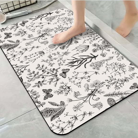 1pc Black White Botanical Bathroom Rug Bathroom Decor and Accessories- Durable,Anti Slip,And Quick Drying,Suitable For Indoor/outdoor Use - Perfect For Bathrooms,Bedrooms,Kitchens