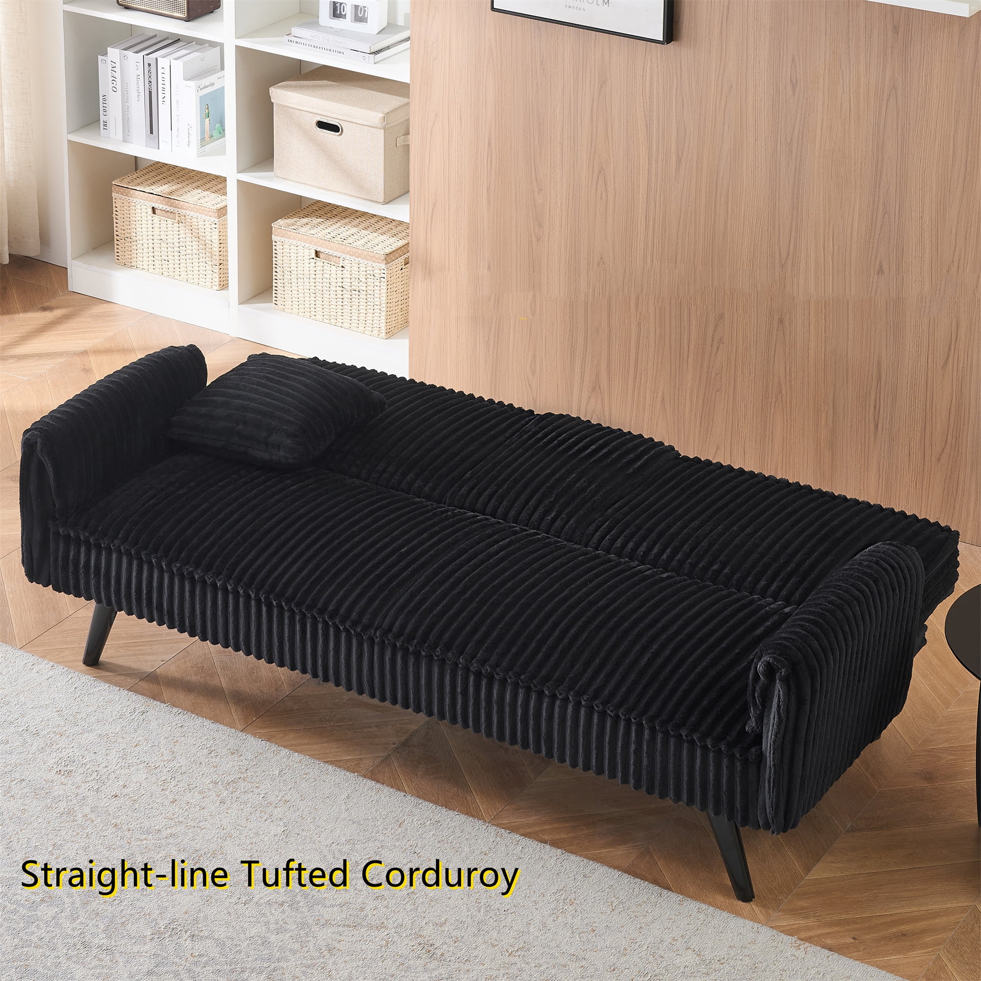 Aukfa 72" Futon Convertible Sofa Bed, 2 Cup Holders& Pillow, Straight-line Tufted Corduroy, Black