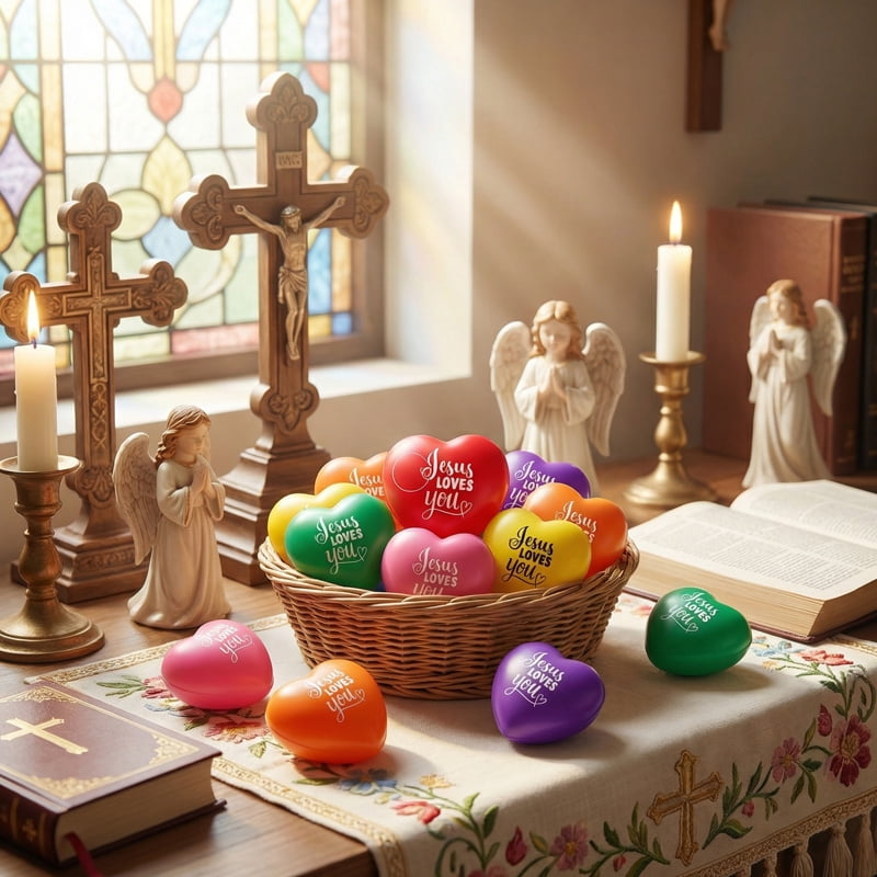 60 Pcs Jesus Loves You Heart Shaped Stress Balls,  1.57 Inch PU Foam Squishy Ball, Colorful Christian Gifts Bulk, Stress Relief Toys for Baptism Communion Religious Events Exam prep