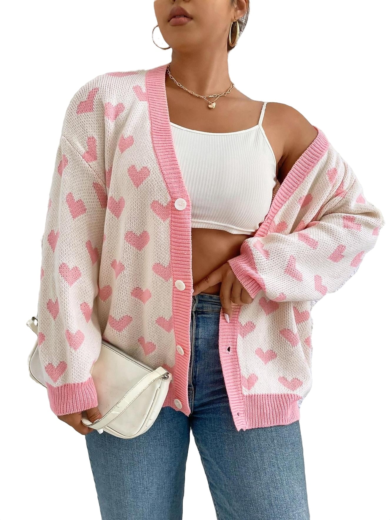 Casual Heart Pattern V neck Cardigan Long Sleeve Multicolor Plus Size