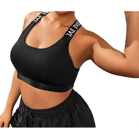 

Womens Plus Activewear Sports Bras Letter Print Square Neck Criss Cross Black 4XL