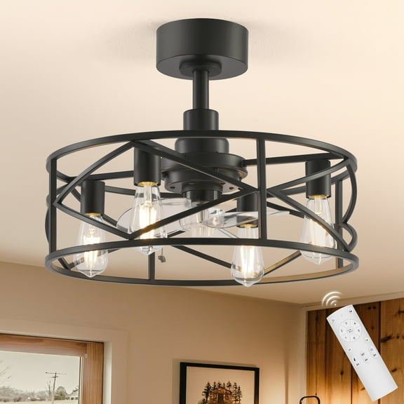 ALKAFY 20 inch Matte Black Caged Ceiling Fan with Lights - 3 Clear Blades, 6 Speeds, Remote, Bedroom/Living/Kitchen/Dining