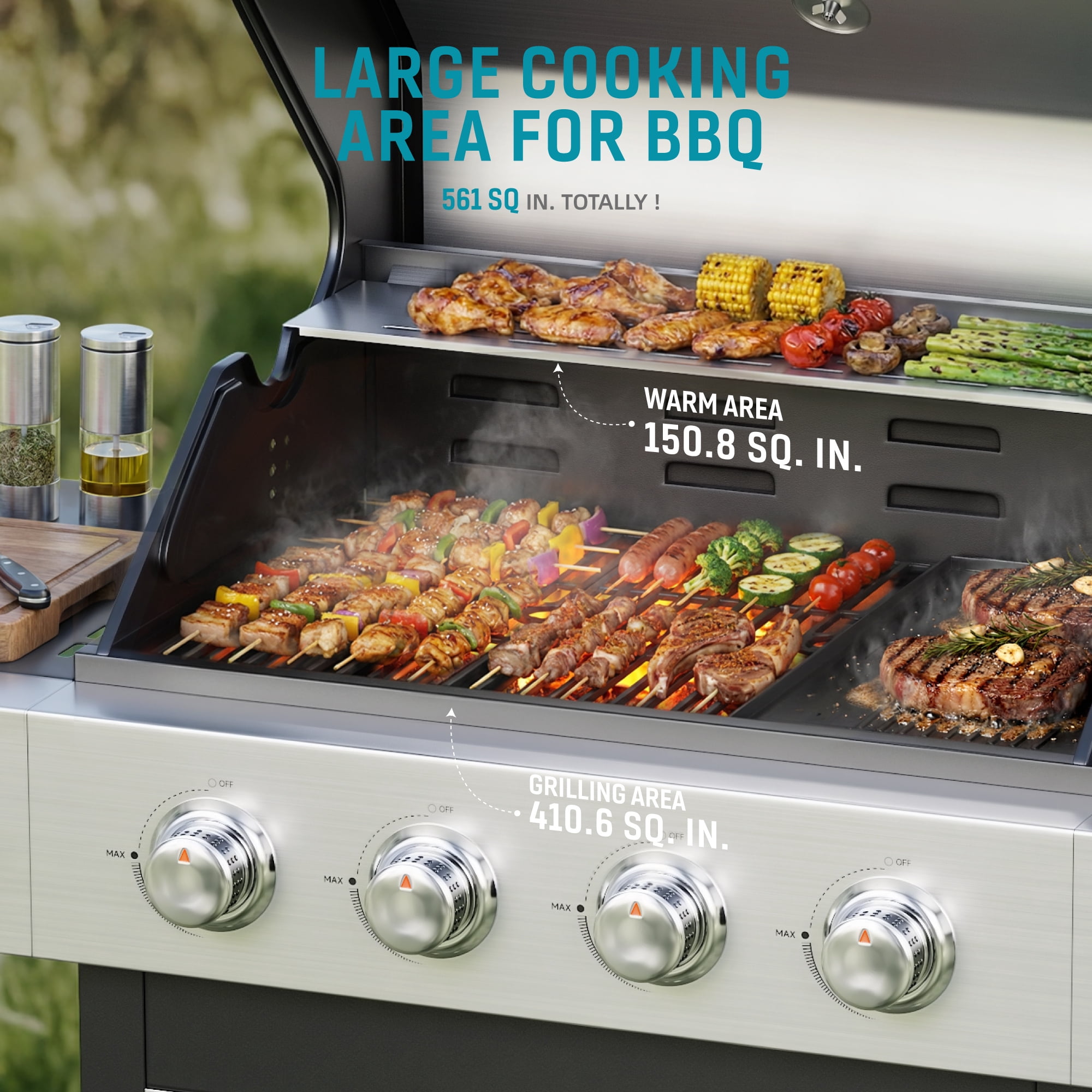 Biotree 4 Burner Gas Grill with Side Burner, 50800 BTU Barbecue Grill Propane Stainless Steel BBQ Grill with Porcelain-Enameled Cast Iron Grates for Outdoor Cooking