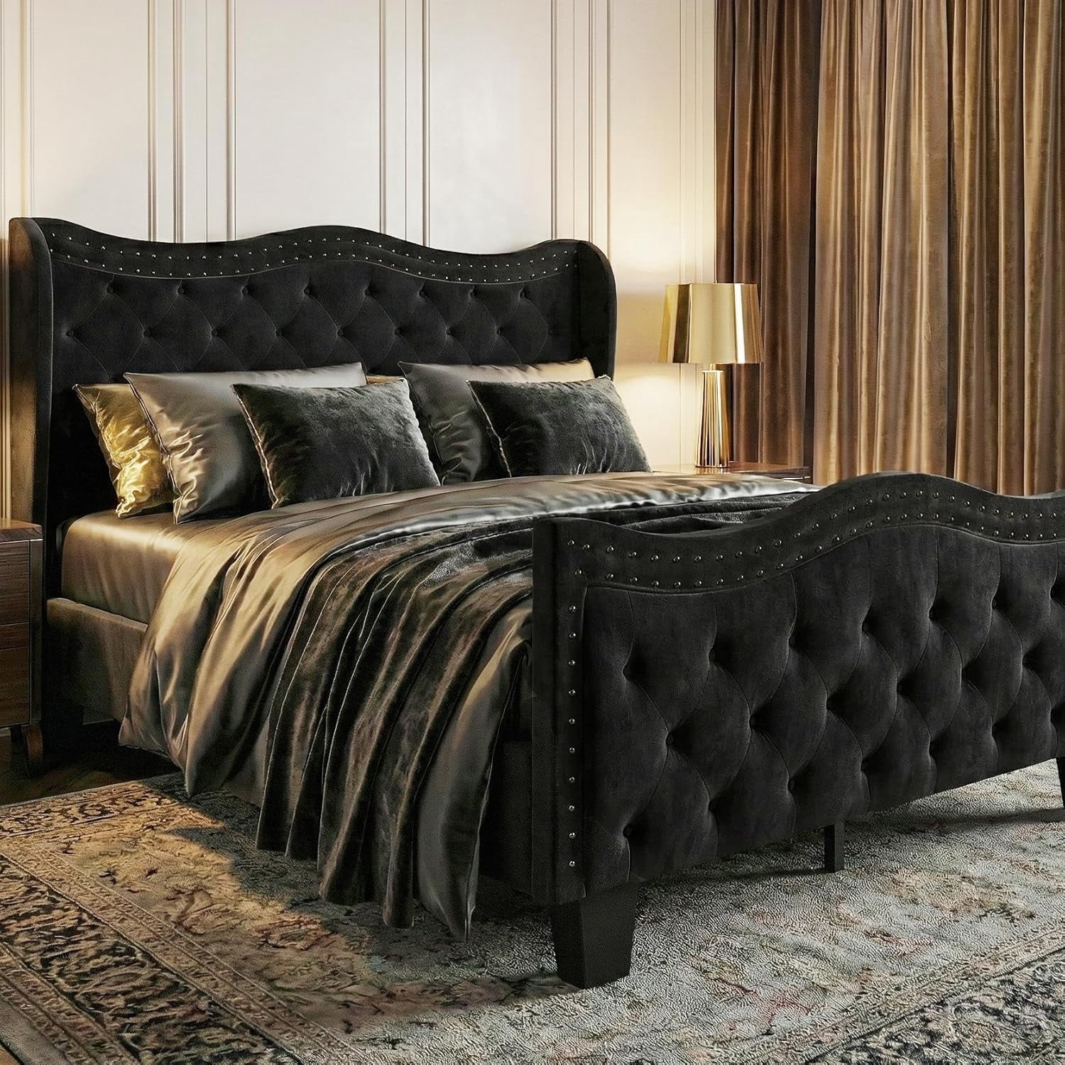 Queen Size Bed Frame with Headboard and Footboard, Upholstered Platform Bed, with 50 Inch Tall Wingback Tufted Headboard, Jet Black Velvet Button Tufted, Sturdy/No Box Spring Needed/Noise Free