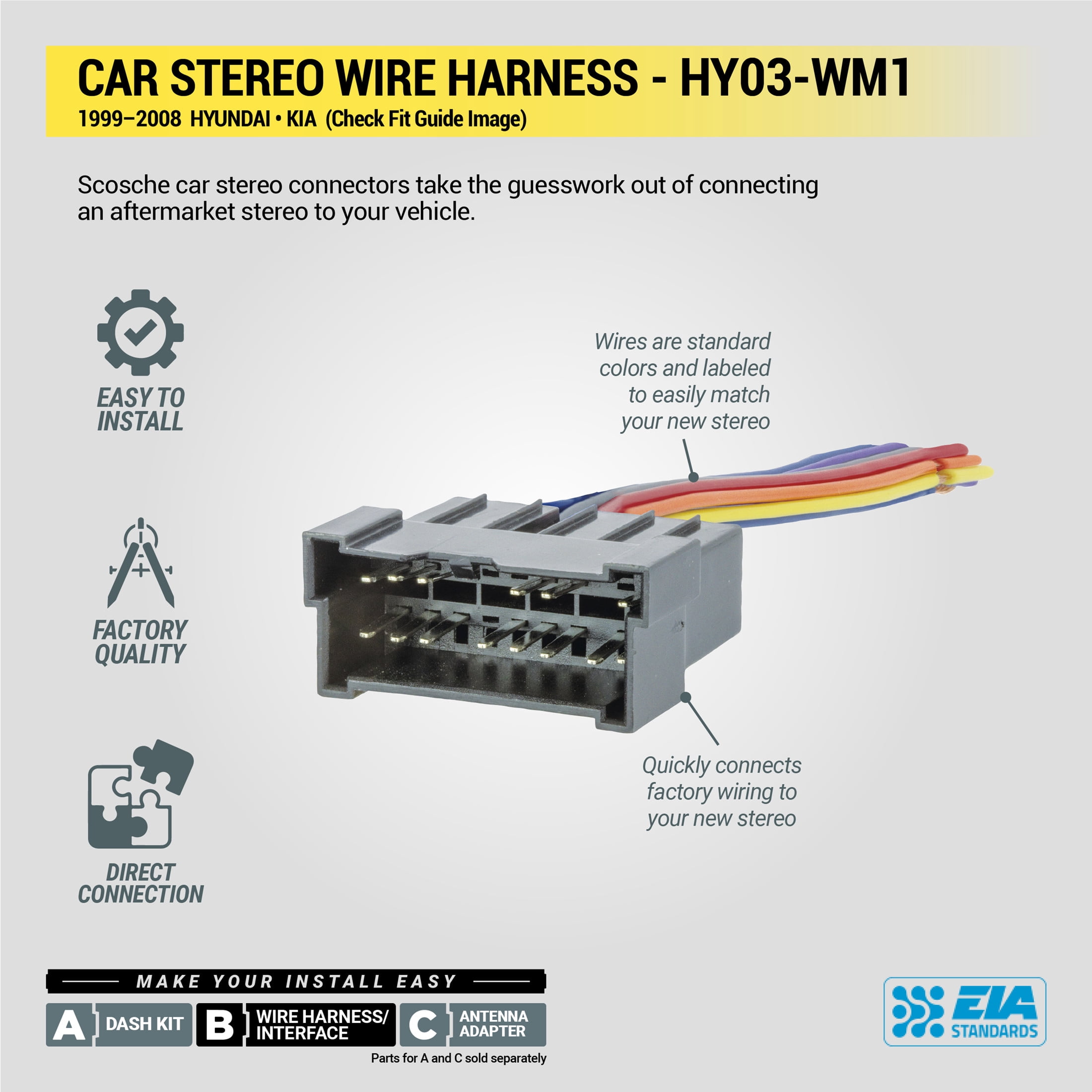 Scosche Wiring Harness Compatible with Select 1999-2008 Hyundai and Kia Vehicles HY03-WM1