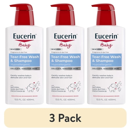(3 pack) Eucerin Baby Unscented Baby Shampoo and Body Wash, Tear Free Infant Shampoo and Wash, 13.5 fl oz Pump Bottle
