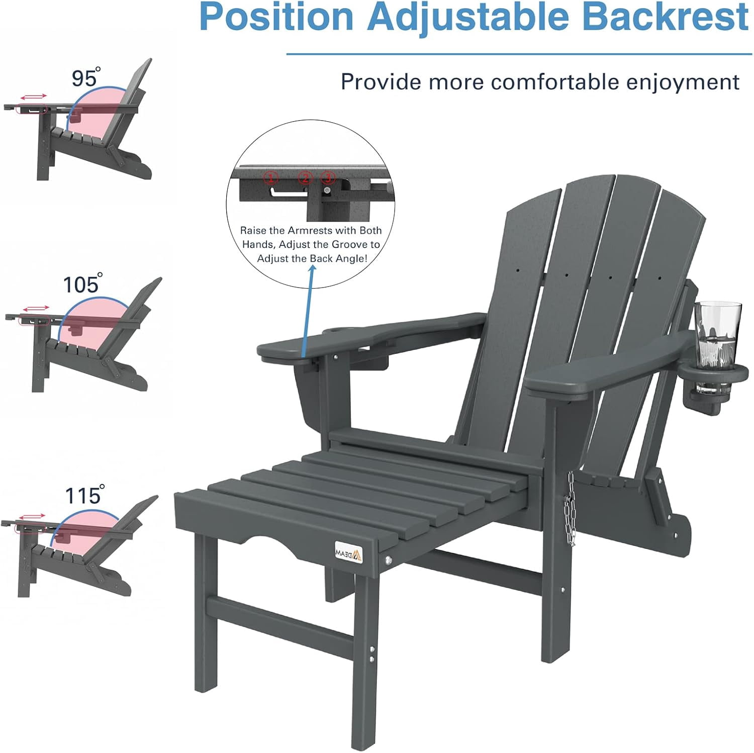 Erinnyees 3-Level Adjustable Adirondack Chair with Retractable Ottoman, HDPE All-Weather Folding Fire Pit Chair with 2 Cup Holders, Outdoor Chair for Deck Patio Garden Backyard Lawn