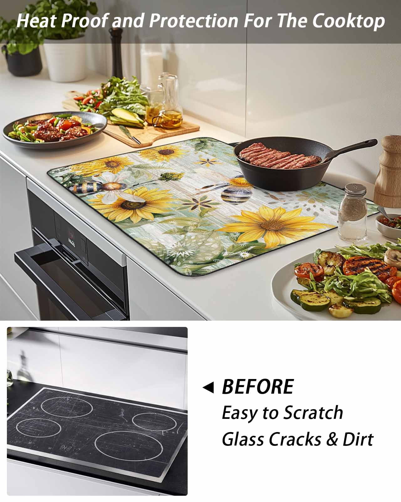 Stove Top Covers for Electric Stove, Sunflower Bee Glass Stovetop Cover Protector, Vintage Summer Botanical Farmhouse Induction Cooktop Protector Oven Mat for Kitchen Countertop 24"x21"