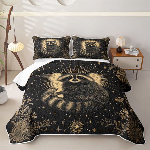 Castle Fairy Kawaii Animal Raccoon Twin Quilt Set,Vintage Gold Floral Starry Sky Twin Coverlet Set,Black Cream