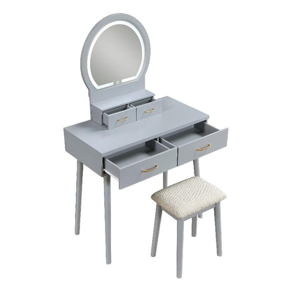 Anvy Vanity Desk Set with Mirror and Stool- 4 Drawers- Gray Wood