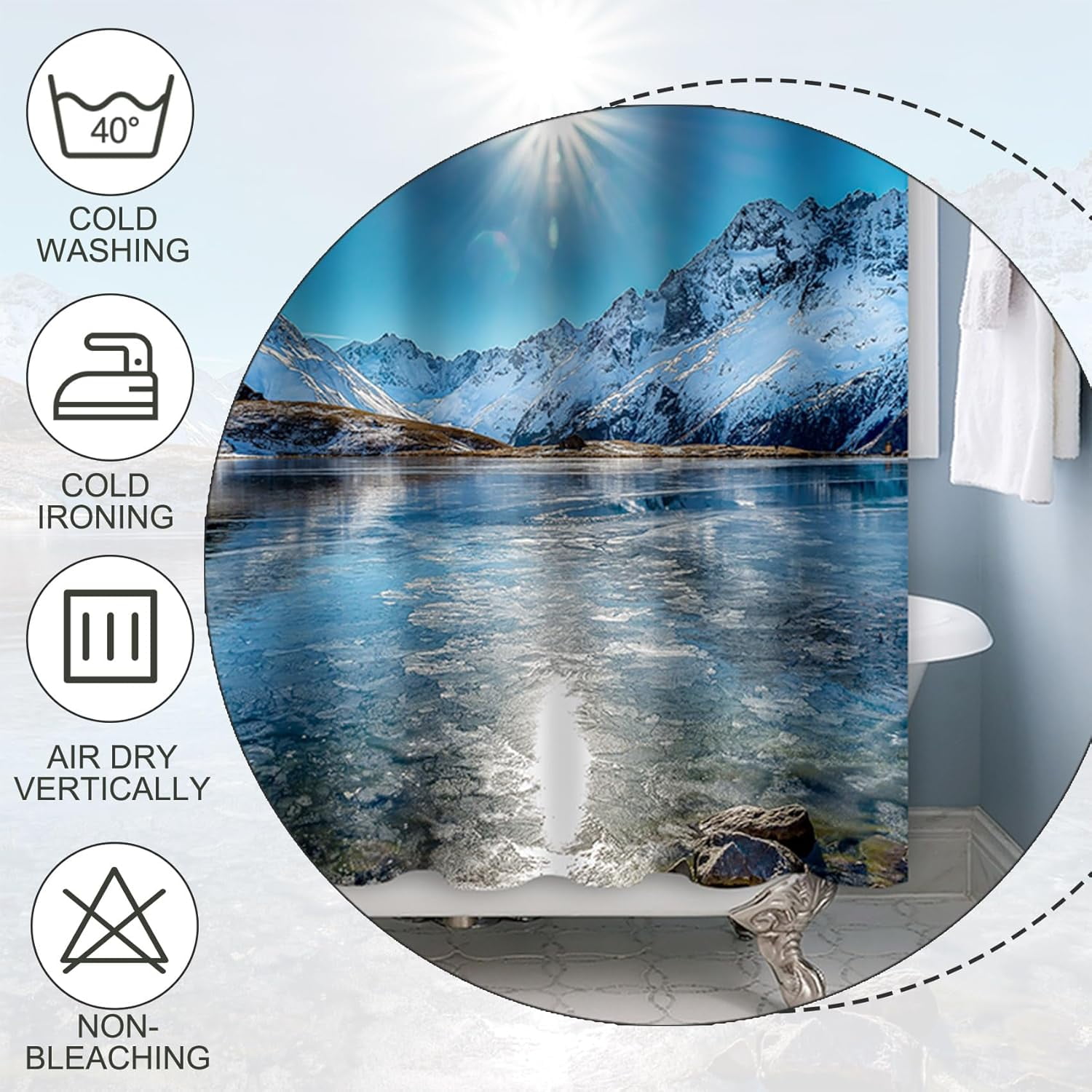 Snow Moutain Lake Bath Curtains Shower with Hooks Nature View Winter Bathroom Shower Curtain Set 84x72 Inch Sunshine Frozen River Decorative Bath Set Waterproof Fabric Bath Curtain with Hooks