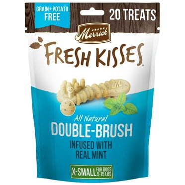 Merrick Fresh Kisses AJH3 Natural Dental Chews Toothbrush Treat Shape Infused With Real Mint For Tiny Dogs 5-15 Lbs - 20 ct. Bag