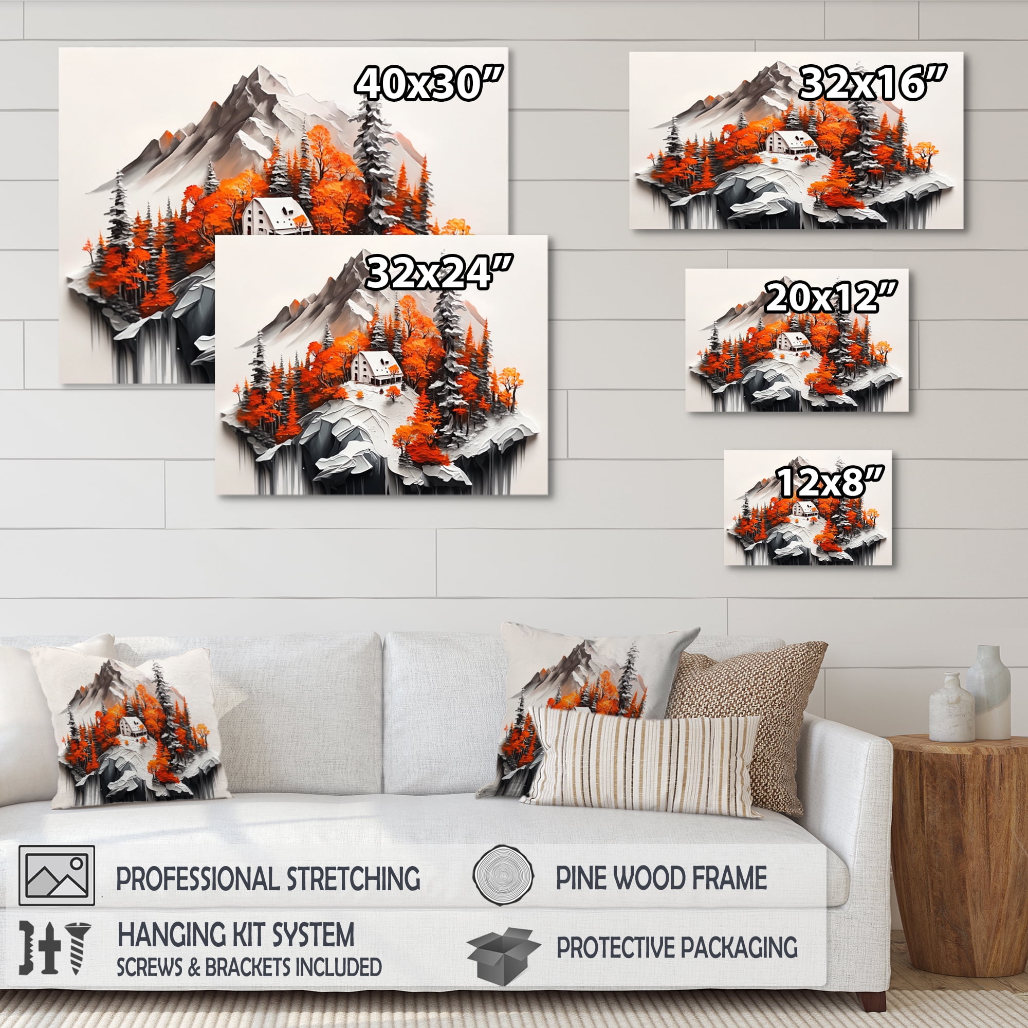 Designart Monochrome Orange Cottage In Winter XIII Canvas Wall Art