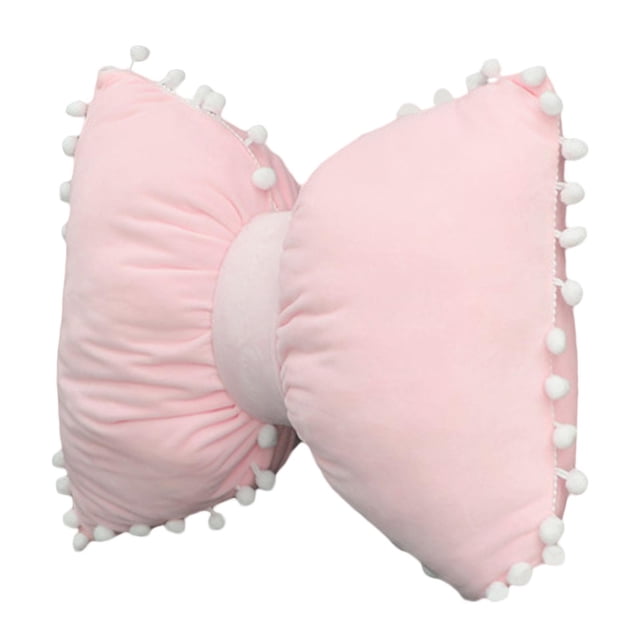 Almohada de lazo para reposacabezas de coche, almohada lumbar decorativa de felpa para el cuello con pompones Rosa
