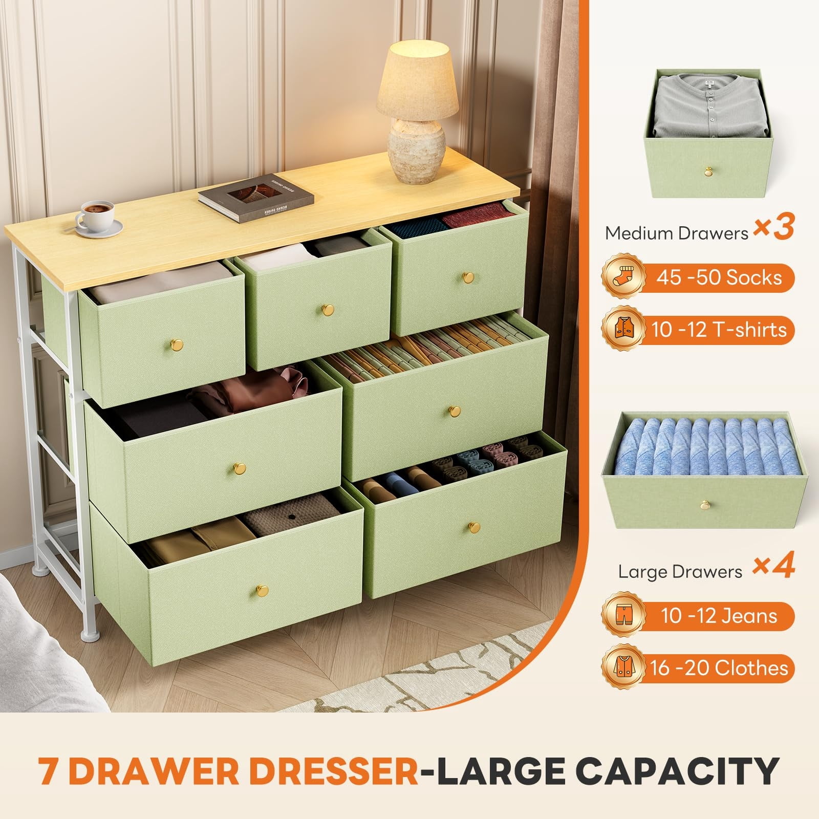 Telyra 7-Drawer Fabric Dresser TV Stand Organizer with Wood Top and Metal Frame Wide Storage Chest, Light Green