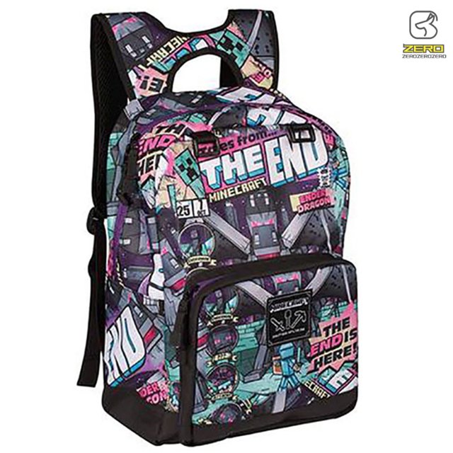 minecraft mochila con correa de hombro ajustable de gran capacidad escolar niños niñas bookbag no es fácil de desvanecer duradero regalo mochila frontal con estampado 'The End' y Ender Dragon, vista centrada, dos compartimentos principales y bolsillo delantero con cremallera, correas de hombro anchas y ajustables y respaldo acolchado, tejido estampado multicolor sobre base negra, espacio para libros, cuadernos y botella; también adecuada para llevar materiales de arte o juegos portátiles.