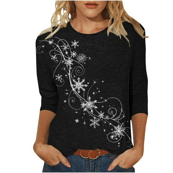 Cavosen Christmas Blouse Tops for Women Crew Neck 3/4 Length Sleeve Funny Pullover Graphic Solid Blouses Lightweight Party Shirt Tops