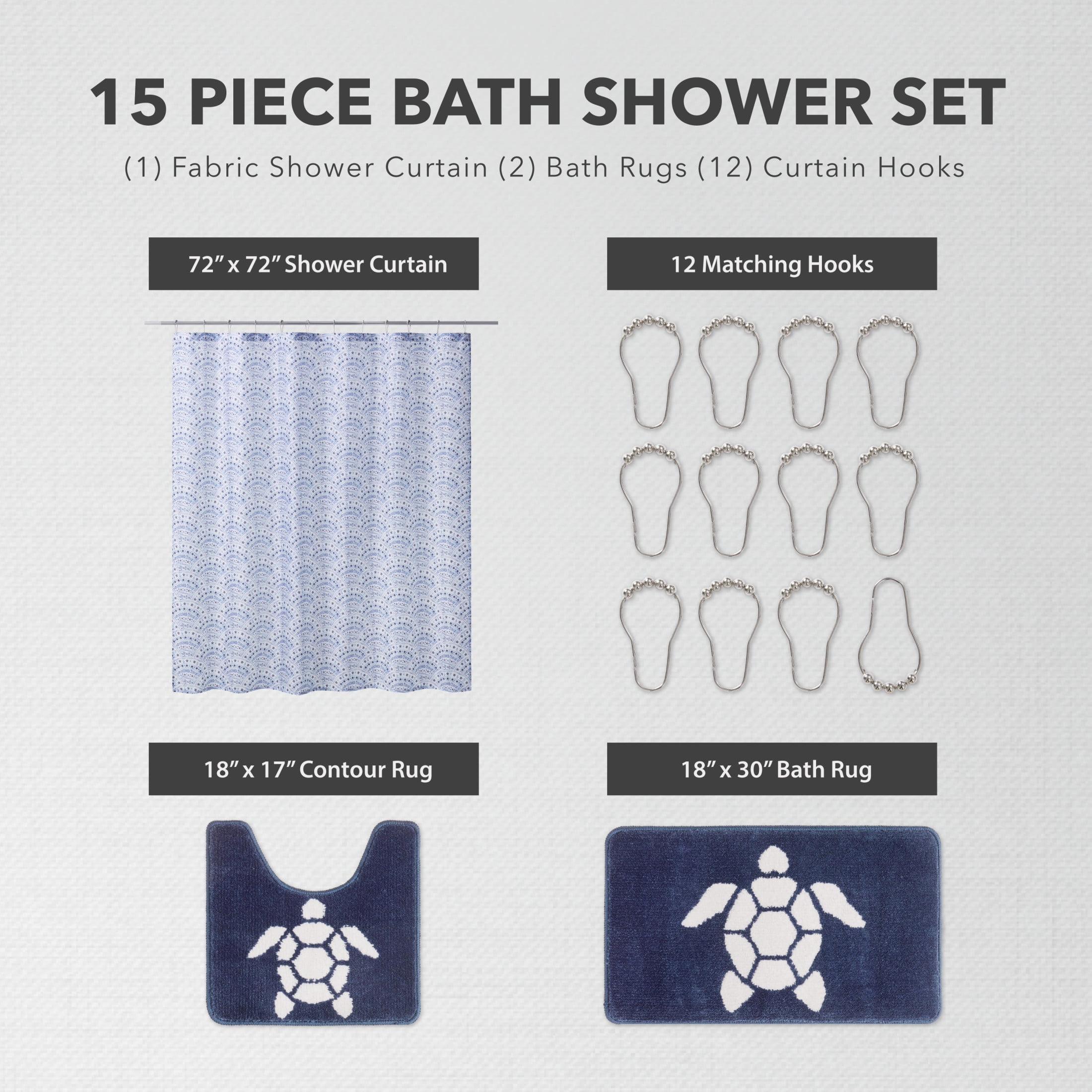 CHI Scalloped Mosaic Shower Curtain with Hooks and Rugs Modern Washable 72" W x 72" L 15-Piece Set