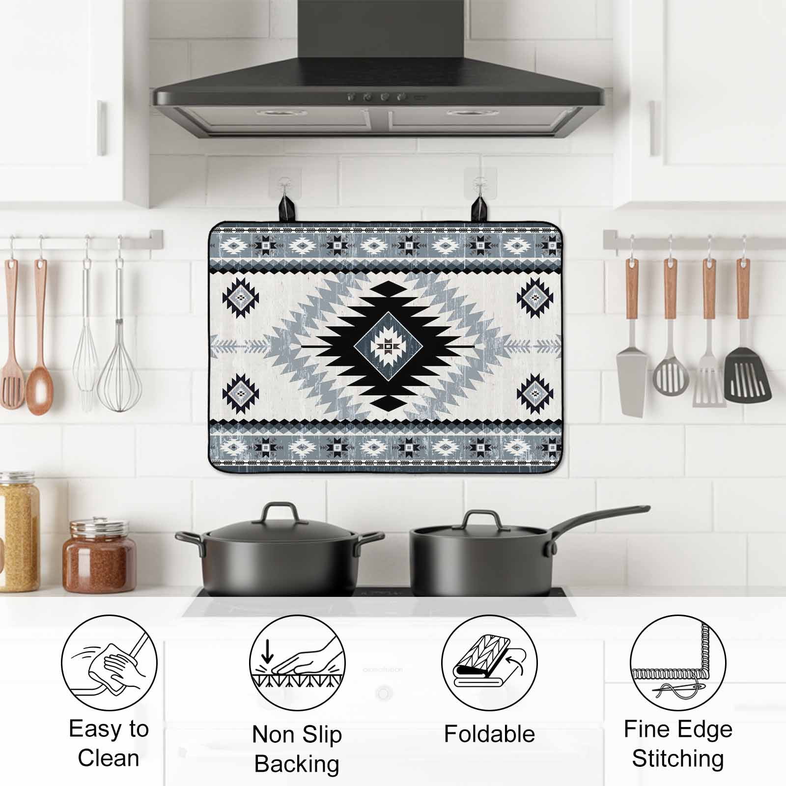 Brown Beige Boho Stove Top Cover for Electric Stove, Heat-proof & Non Slip Glass Top Stove Cover Protector, Southwestern Ethnic Abstract Geometric Kitchen Flat Cooktop Rubber Mat 24x21 Inches