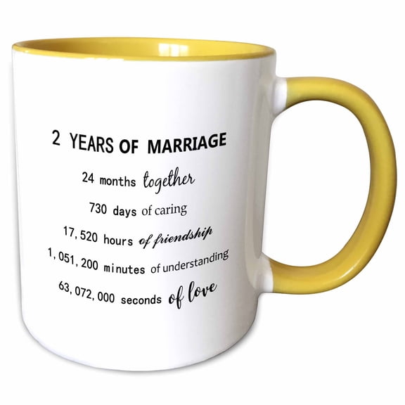 3drose, 2 Years of Marriage 2nd Wedding Anniversary in Months Days Hours, 15oz Two-tone Yellow Mug