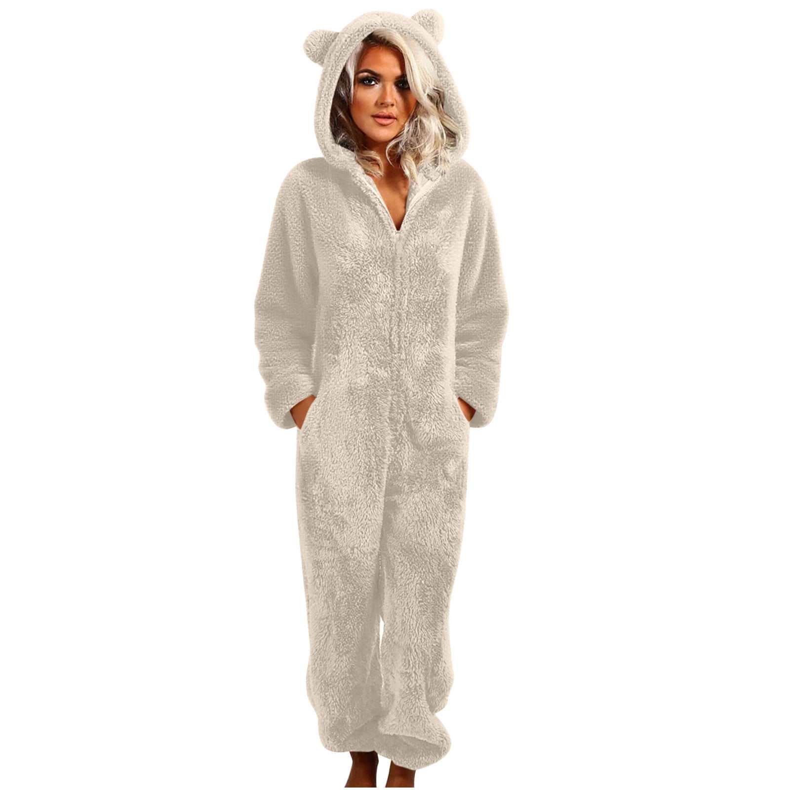 Handshe Womens Fleece Onesies Pajamas Jumpsuit Warm Sherpa Romper Sleepwear One Piece Zipper Hooded Playsuit Loungewear