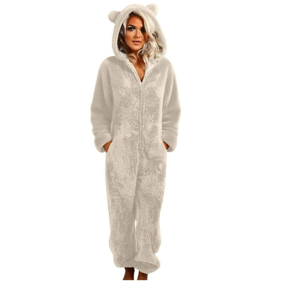 SZJXBUY Womens Onesie Pajamas Small Lounge Zip Sherpa Warm Pajama with Hooded Ears Plus Size Fleece Slouchy Sleepwear Jumpsuits Beige,XXXXXL