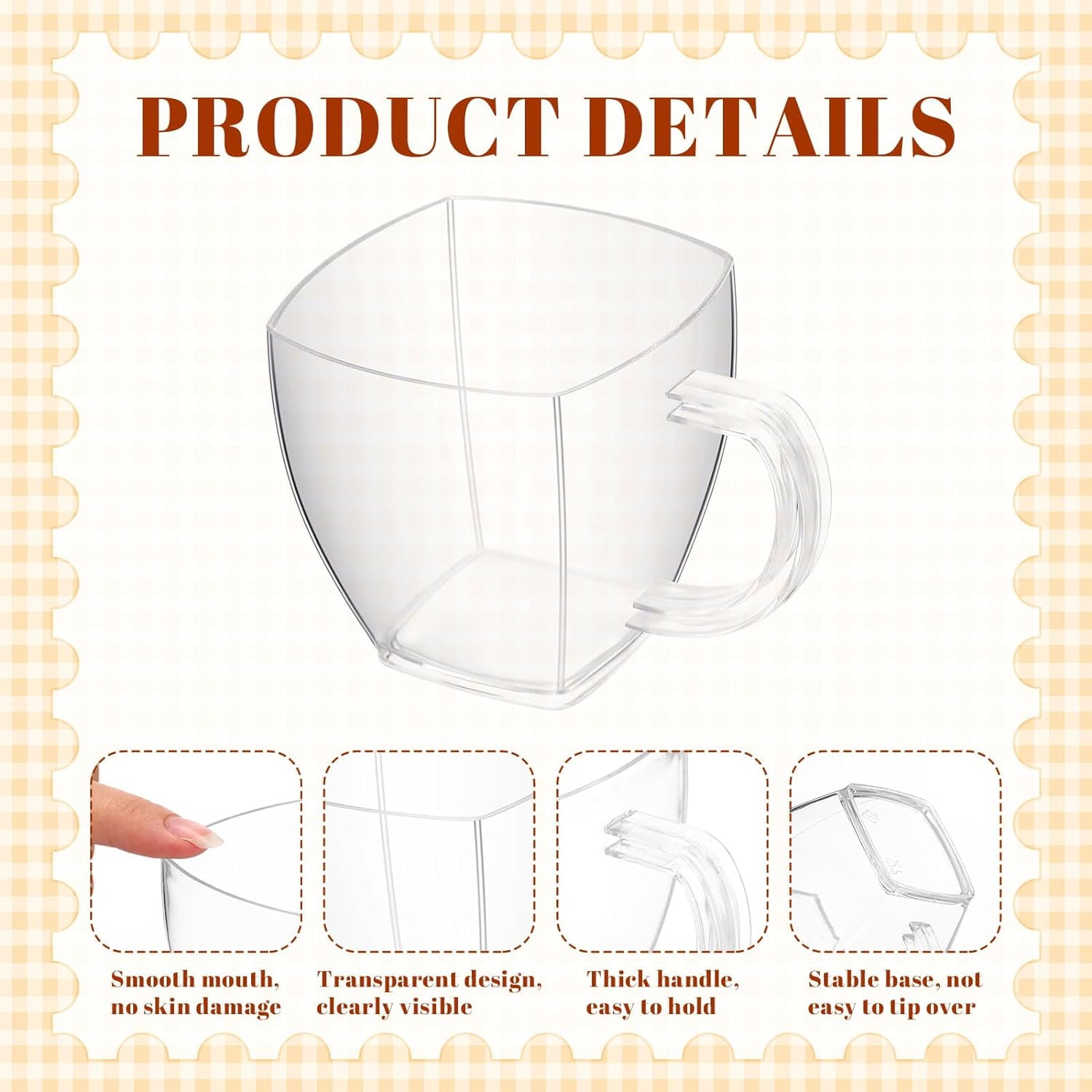 100 Pcs 5 oz Disposable Tea Cups Bulk Mini Plastic Tea Cup Bulk with Handle Hard Coffee Mug Reusable Square Espresso Mugs for Party Wedding (Clear)