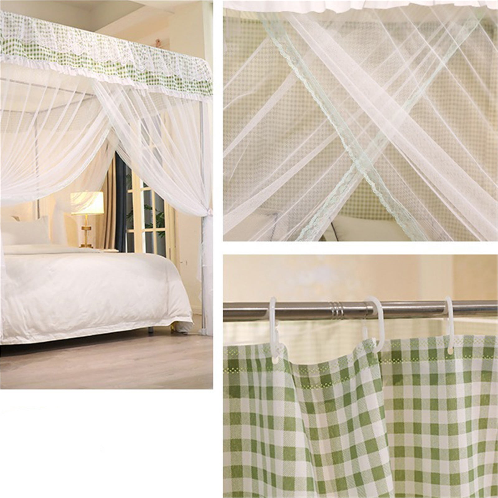 Four Poster Bed Canopy with Blackout Curtain & Double Layer Mosquito Net, Bedroom Decor, Dustproof Windproof Bed Screen with Stable Bracket