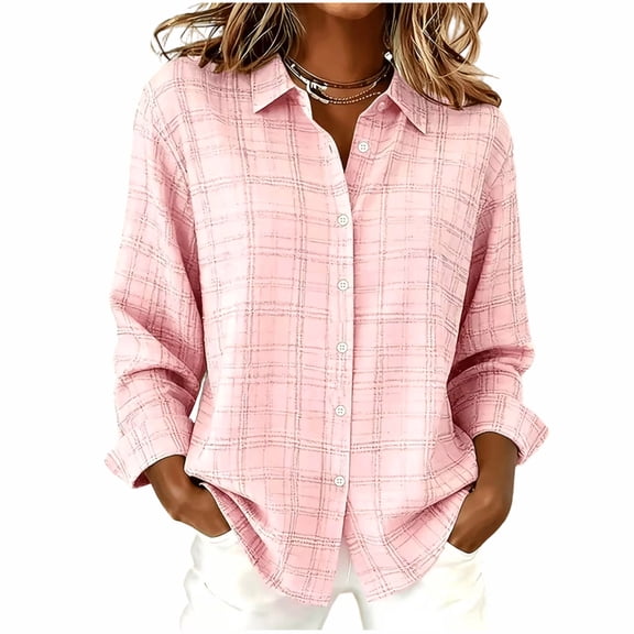 NominalSnug Womens Shirts Button down Long Sleeve Plaid Shirt Lightweight Business Casual Blouse Top