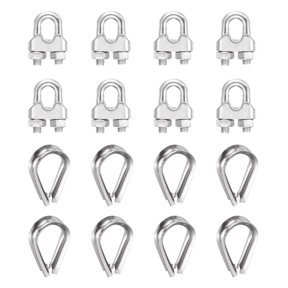 Uxcell 8Set 1/4" M6 Wire Rope Cable Clip Clamps Small with Thimble Silver