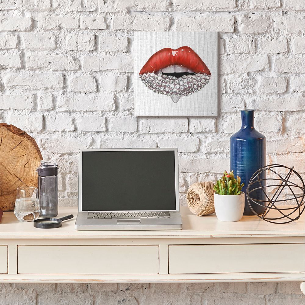 Red Glam Lips with Glistening Cosmetic Stones Beauty & Fashion Gallery-Wrapped Canvas Print Wall Art, 17x17