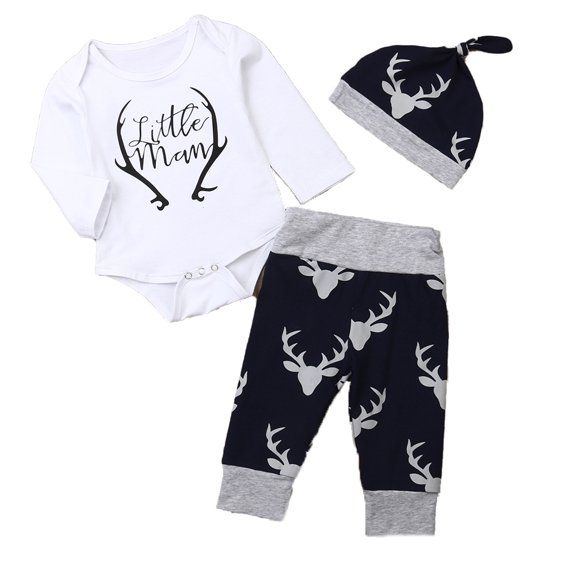 LMLYSoH Baby's Clothing Set, Letter Pattern Long Sleeve Romper and Print Pants and Hat Three-piece Suit for Toddler Boys Girls