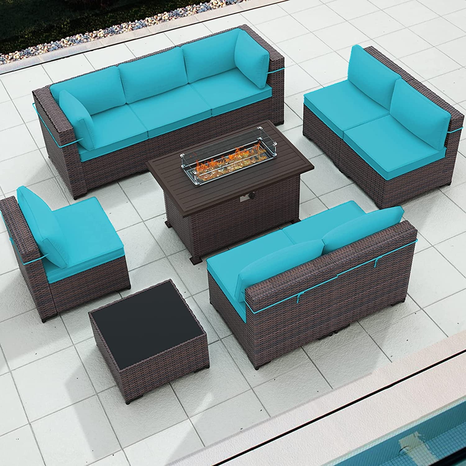 Gotland 10 Pieces Outdoor Patio Furniture with 43" Fire Pit Table, Furniture Patio Sectional