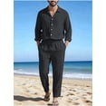 thumbnail image 5 of Men's Linen Blend Camp Collar Long Sleeve Shirt and Drawstring Pants Two Piece Outfit Black S, 5 of 7