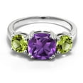 thumbnail image 2 of Gem Stone King 925 Sterling Silver Purple Amethyst and Green Peridot 3 Stone Engagement Ring for Women (3.20 Cttw, Gemstone February Birthstone, Cushion 8MM, Size 9), 2 of 5
