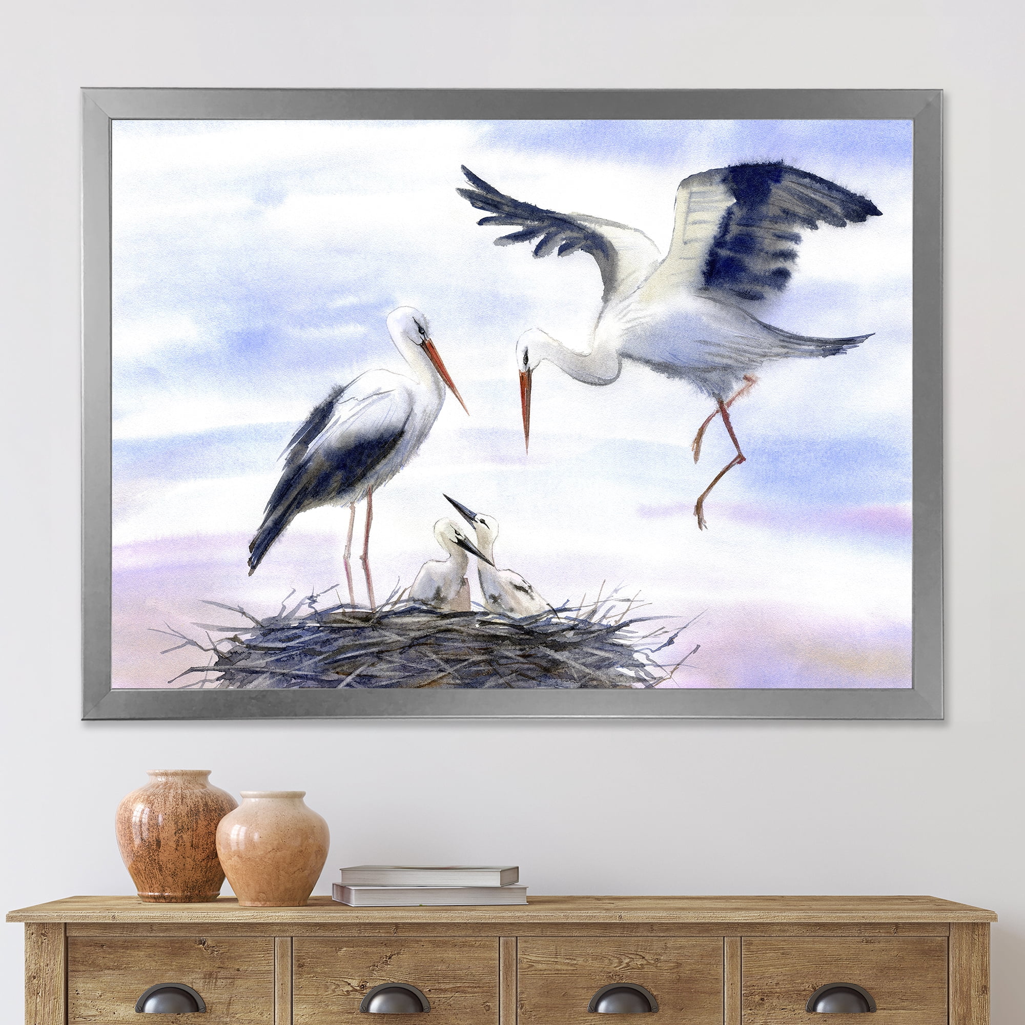 Designart 'Storks With Babies In The Nest' Farmhouse Framed Art Print