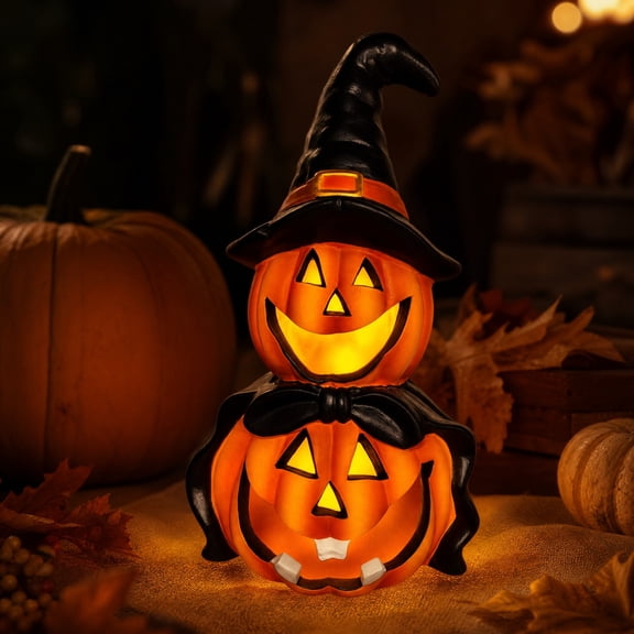 Cozy Witch Hat Halloween Decorations Indoor, Spooky Halloween Lights Pumpkin Decor, Gothic Resin Handcrafted Spooky Home Decor for Table, Shelf, Mantel