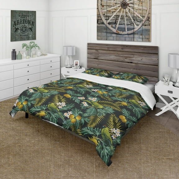 Designart 'Tropical Leaves with Lemons and Green Bird' Animals Duvet Cover Set