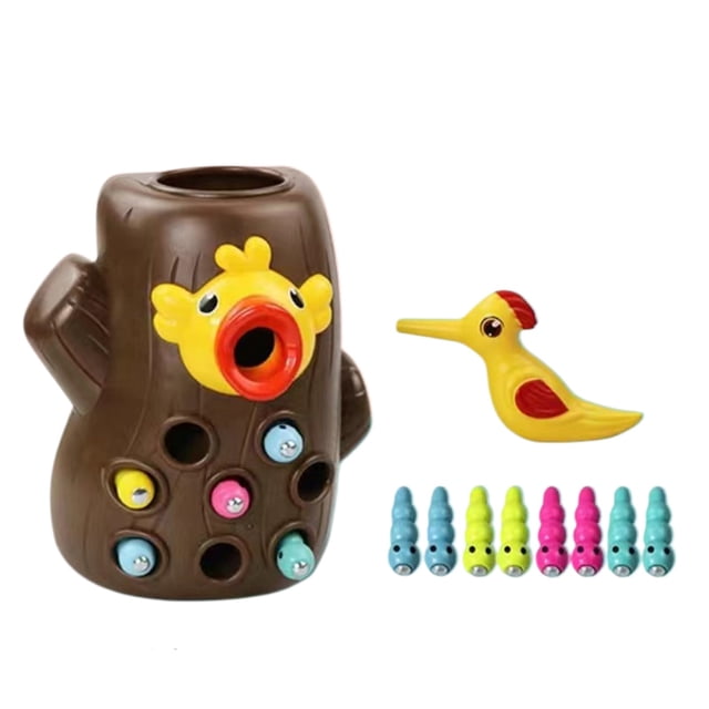 A Small Woodpecker Toy, 8 Worms And Tree Stump, Early Learning And Color Recognition For Toddlers