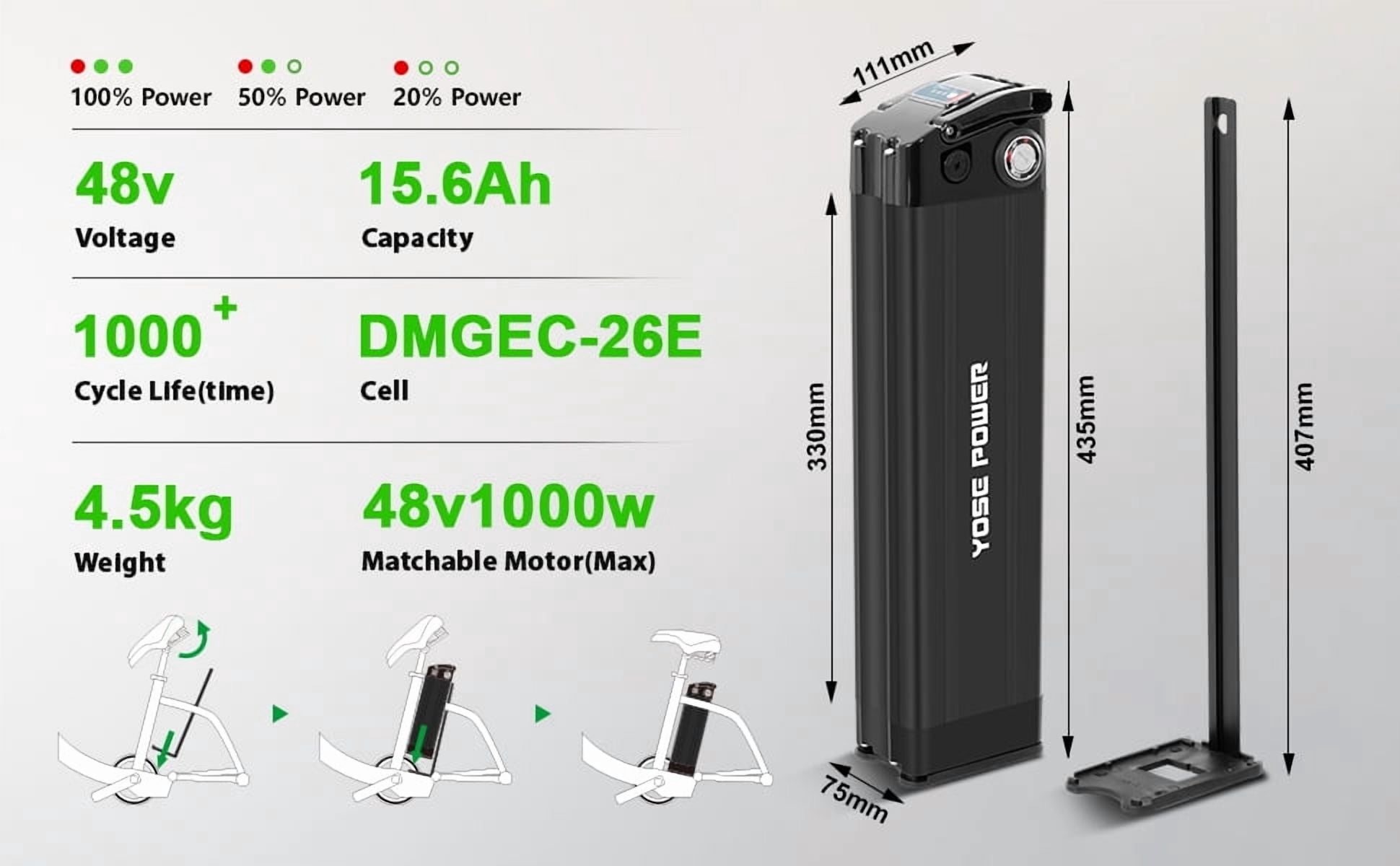 YOSE POWER 48V 15.6Ah Ebike Battery Compatible with ECOTRIC Hammer Fat 48V Tire Ebike  Fit for ECOTRIC Hammer FAT20850C Bicycle Battery