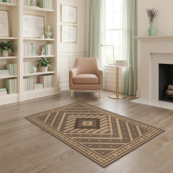 ODIKA 4'x6' Brown Beige Geometric Diamond Design Washable Area Rug Modern Symmetrical Pattern with Borders for Home Office, Under Desk, Non-Slip Chair-Friendly, Flatwoven