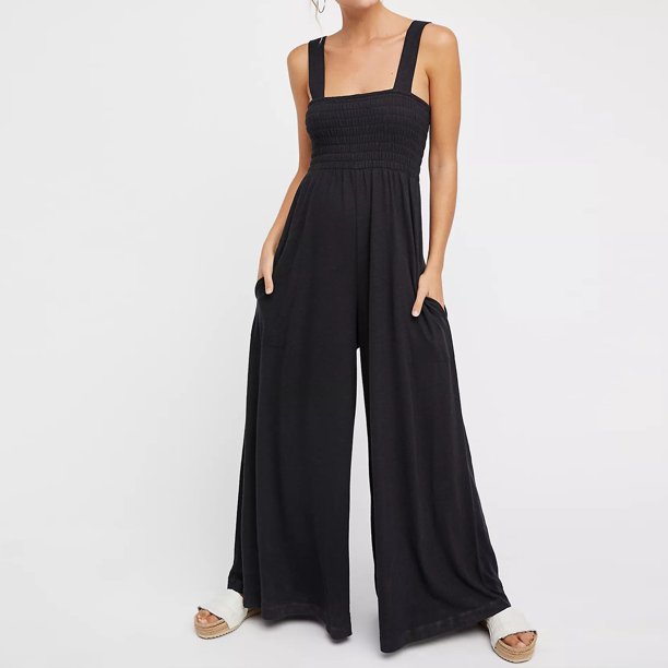 Monos Sin Mangas Mamelucos de pierna ancha para mujer Monos sin mangas plisados de moda casual (Negro L) Cgtredaw Para estrenar