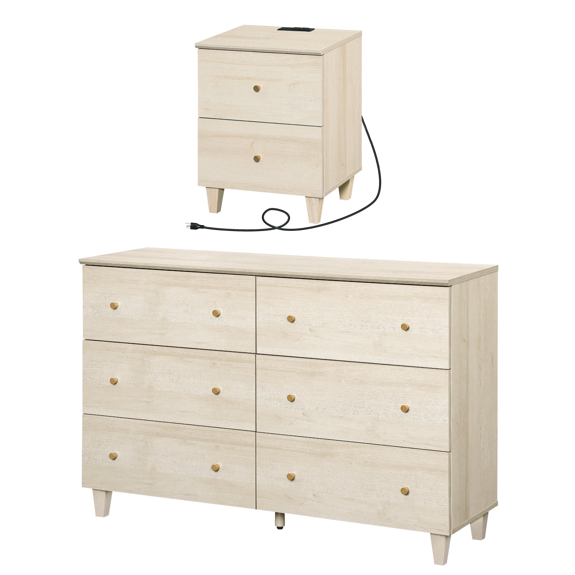WAMPAT Dresser and Nightstand Set of 2, Wood Dresser with 6 Drawers, Nightstand with Charging Stations for Living Room, Natural Oak