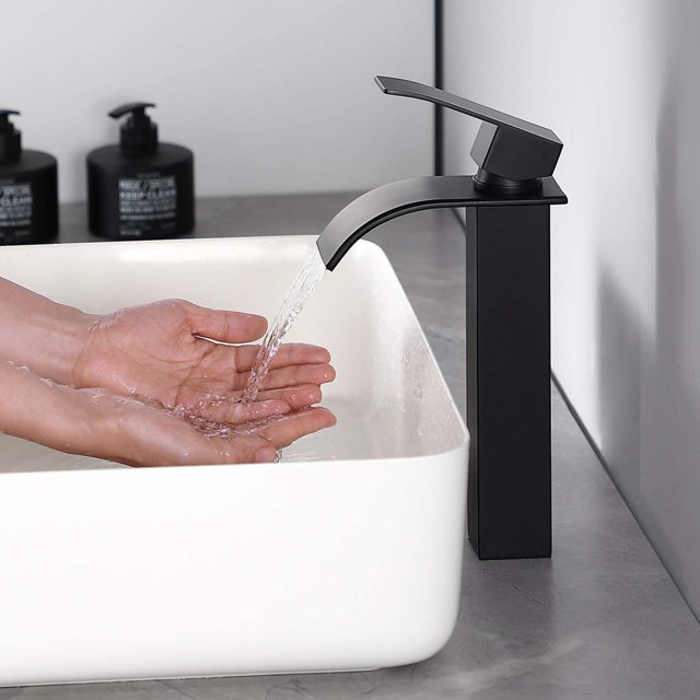 Grifo mezclador de lavabo negro moderno con caño alto en cascada, grifo negro fuera del fregadero, grifo mezclador de baño negro, grifos de latón negro