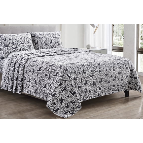 Luxury Elegance 4 Piece Queen Size Extra Soft Velvet Touch Microplush Sheet Set - Grey Forest Friends