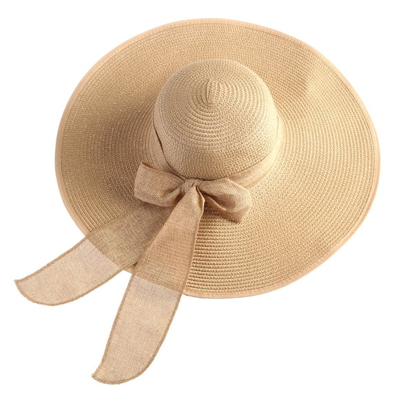 Masteelf Women's Wide Larege Brim Caps Summer Floppy Beach Straw Hats Bowknot Caps （Khaki）