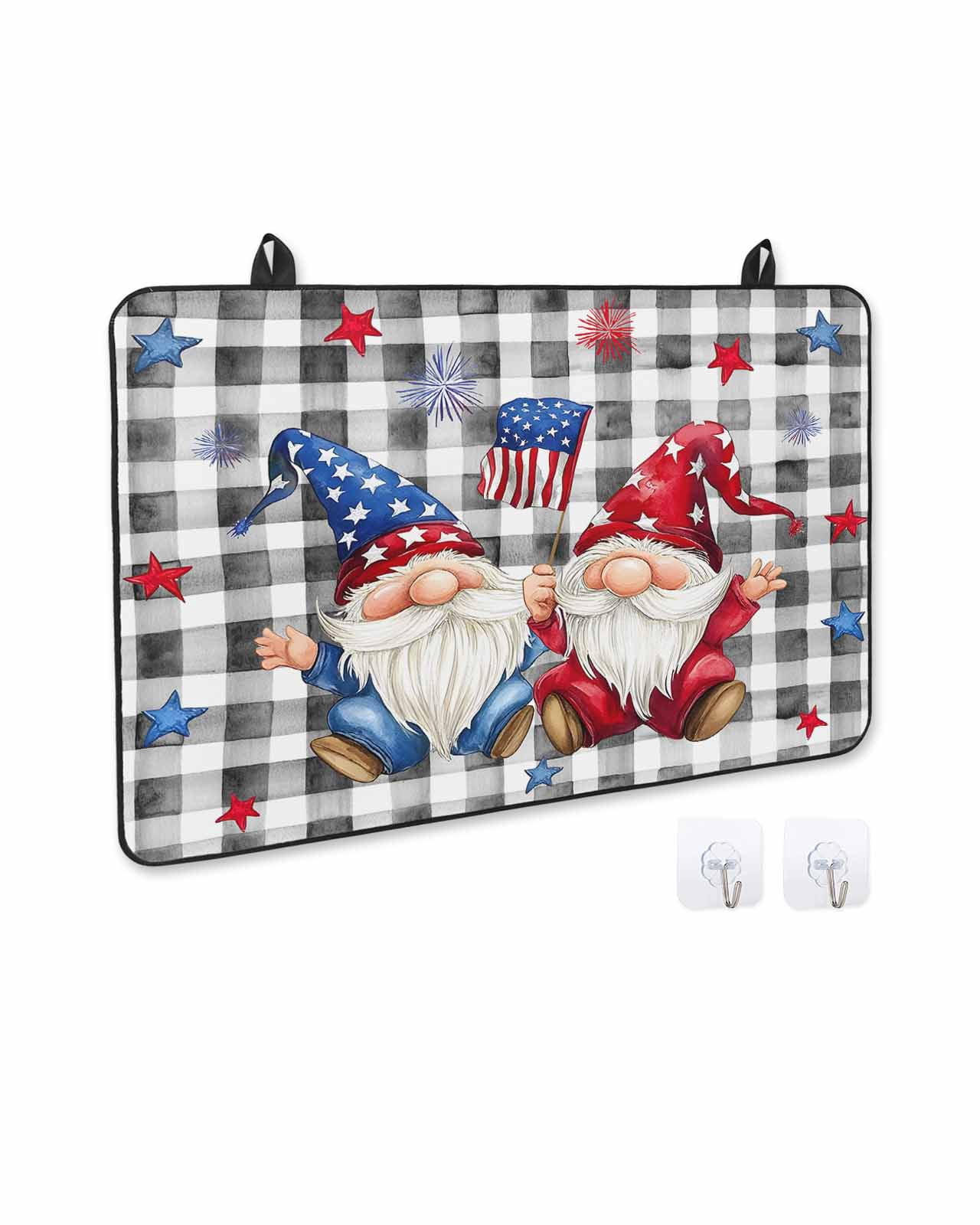 nqOlkjepod Large Induction Cooktop Protector Mat 36"x21", 4th of July Gnomes Stove Top Covers for Electric Stove, Star Independence Day Black Plaid Stove Burner Cover Mats, Glass Top Stove Cover