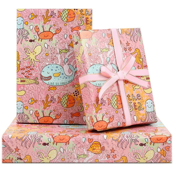 Under the Sea Wrapping Paper for Girls Kids Boys, 6 Sheets Pink Ocean Coral Sea Star Crab Octopus Whale Beach Coastal Gift Wrap Paper, 20 x 28 inch Per Sheet Gift Paper for Birthday, Baby Shower