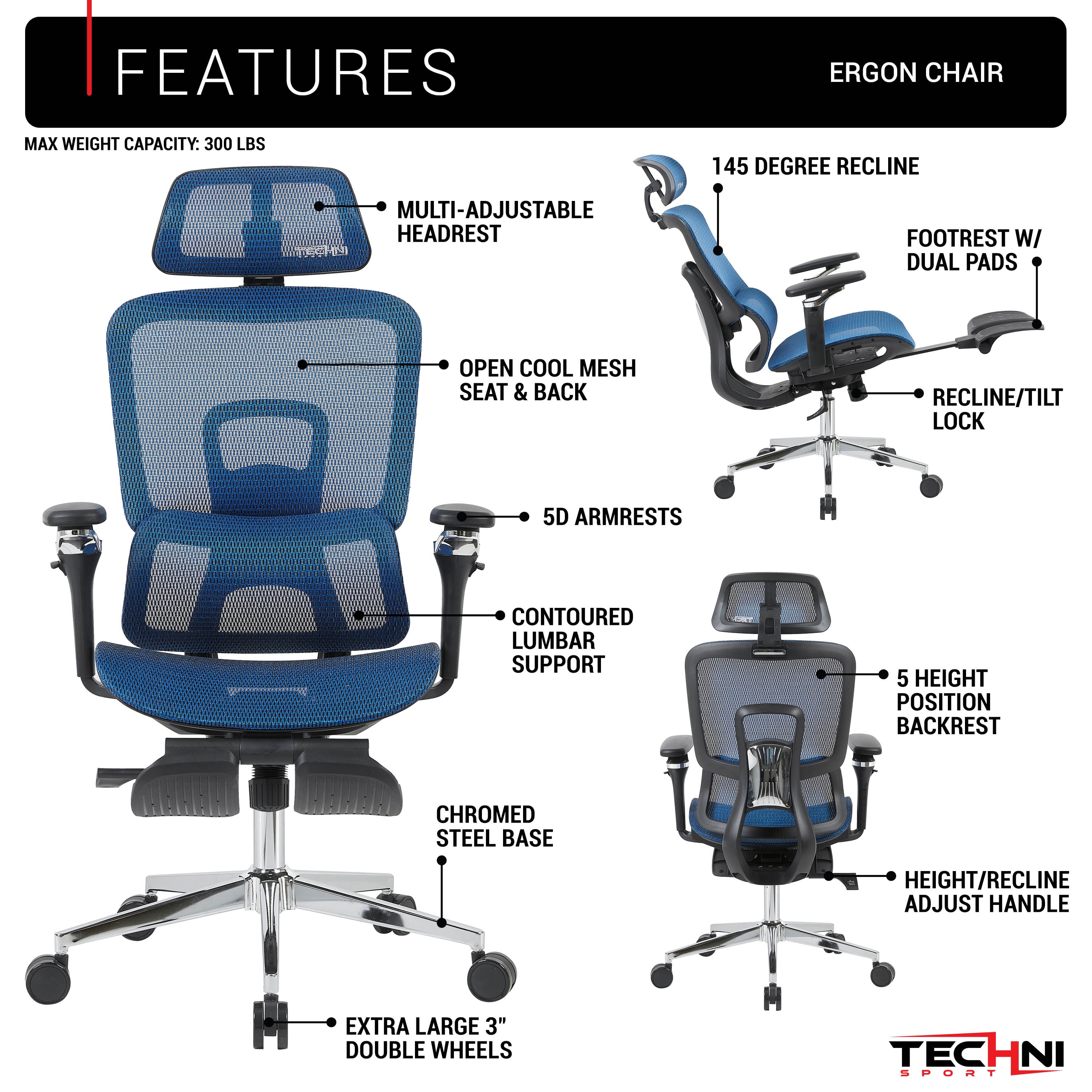 Techni Sport Ergonomic Mesh Office Chair with 5D Armrests & Retractable Footrest
